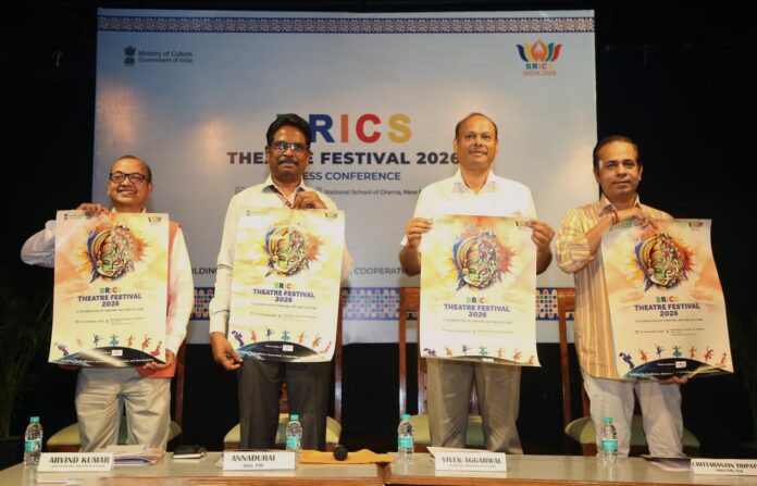 NSD Director Chittaranjan Tripathi with Ministry of Culture Secretary Vivek Agrawal while unveiling the poster for the BRICS Theatre Festival at a press meet.